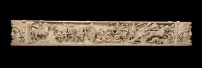 Sarcophagus lid with relief of the Trojan War - Sack of Troy, Trojan Horse and Achilles and the body of Hector, c.200 AD by Roman